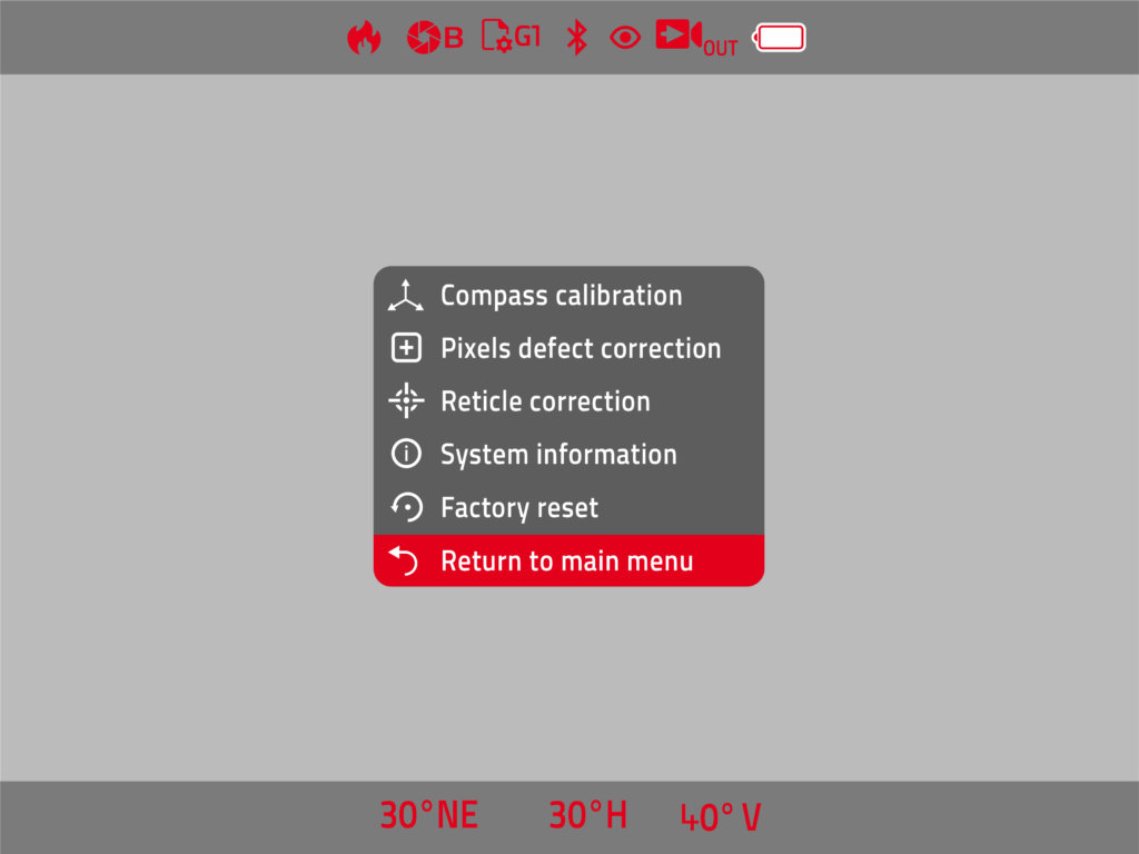 Premendo More nel menu si accede alla schermata dove c'è la voce Reticle correction, per collimare il Calonox col cannocchiale.