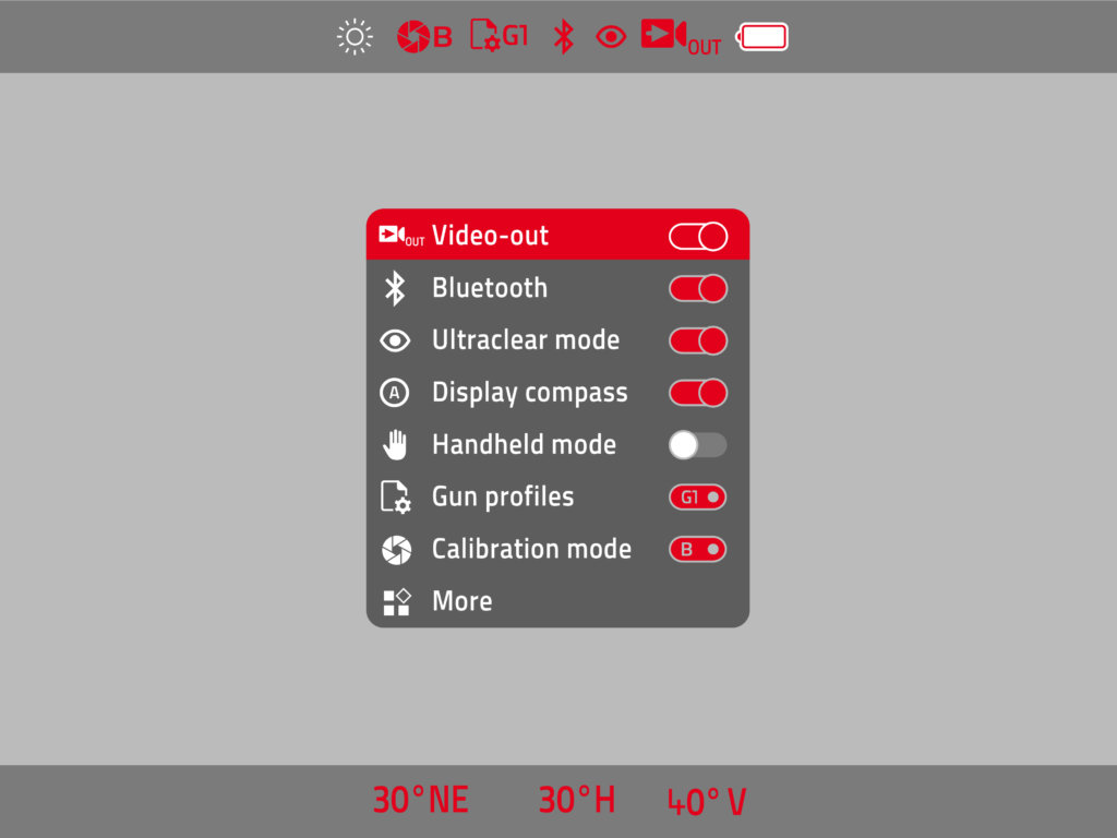 La schermata del menu secondario, cui si accede immediatamente con la semplice pressione prolungata del dito sul tasto centrale del Calonox.
