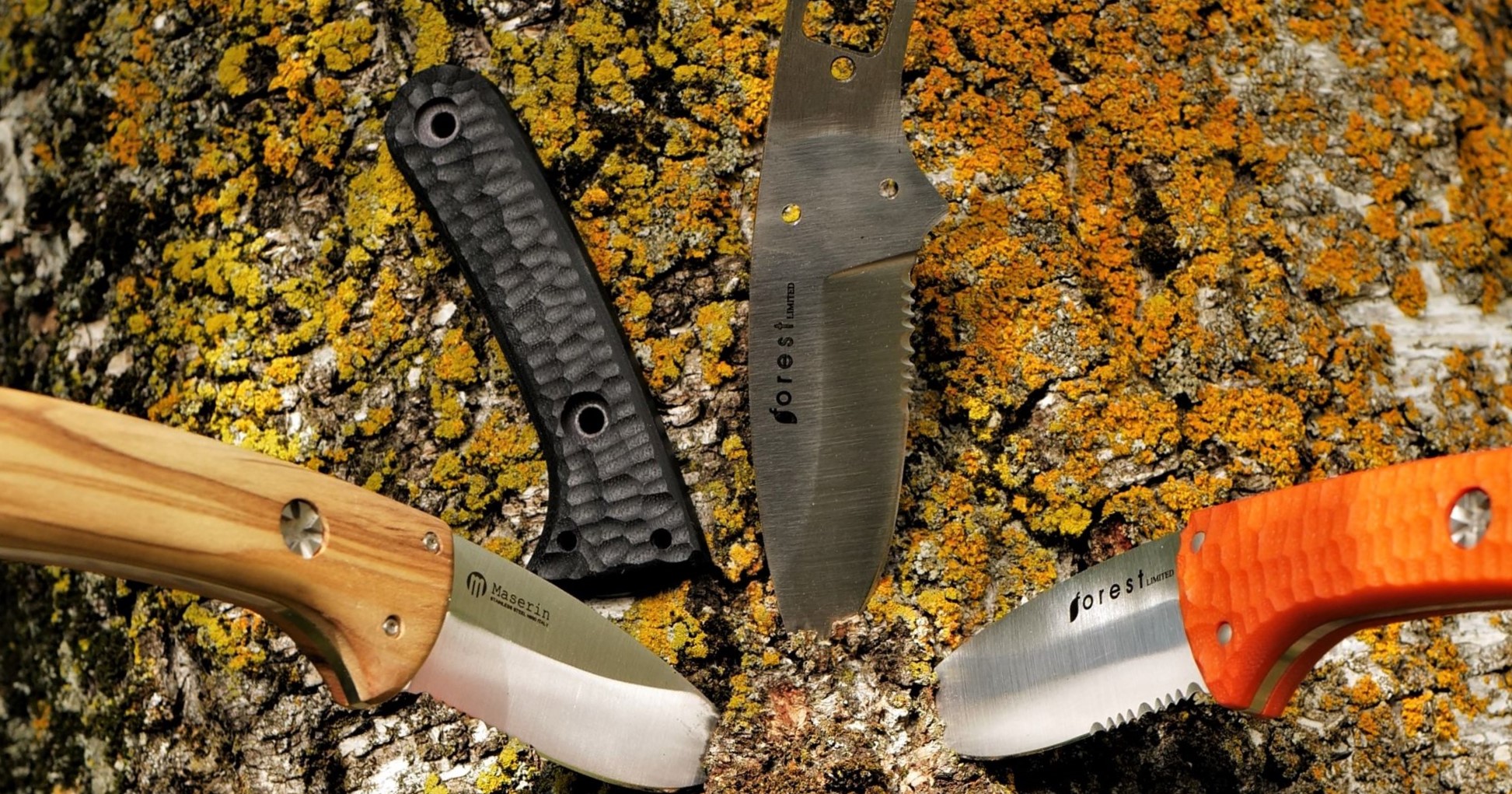 I tre diversi manici che si possono creare con il Forest Hunting Limited, con il legno d'olivo o le due colorazioni in resina G10 antiscivolo arancio o nera.