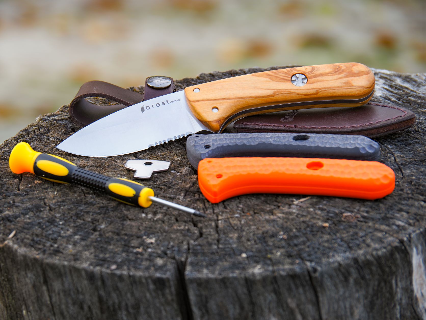 Il coltello Forest Hunting Limited con il fodro, gli accessori e gli utensili per cambiare le guance che si trovano nella confezione.