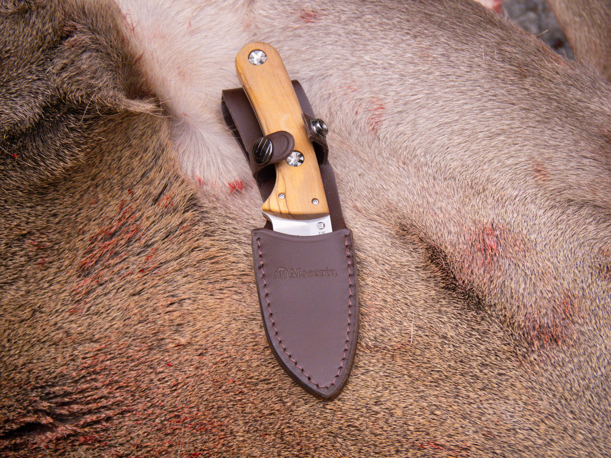 Il coltello Forest Hunting con il suo elegante fodero in pelle marrone, portabile sulla cintura.