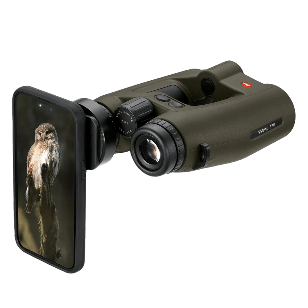 Adattatore Ollin per binocolo montato su un Leica Geovid con smartphone agganciato